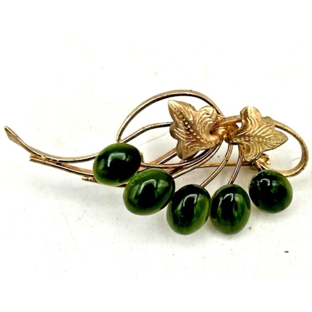 Vtg 1966 Designer Swoboda Brooch Pin Faux Jade Grade A Green Flower Gold 2 1/4"